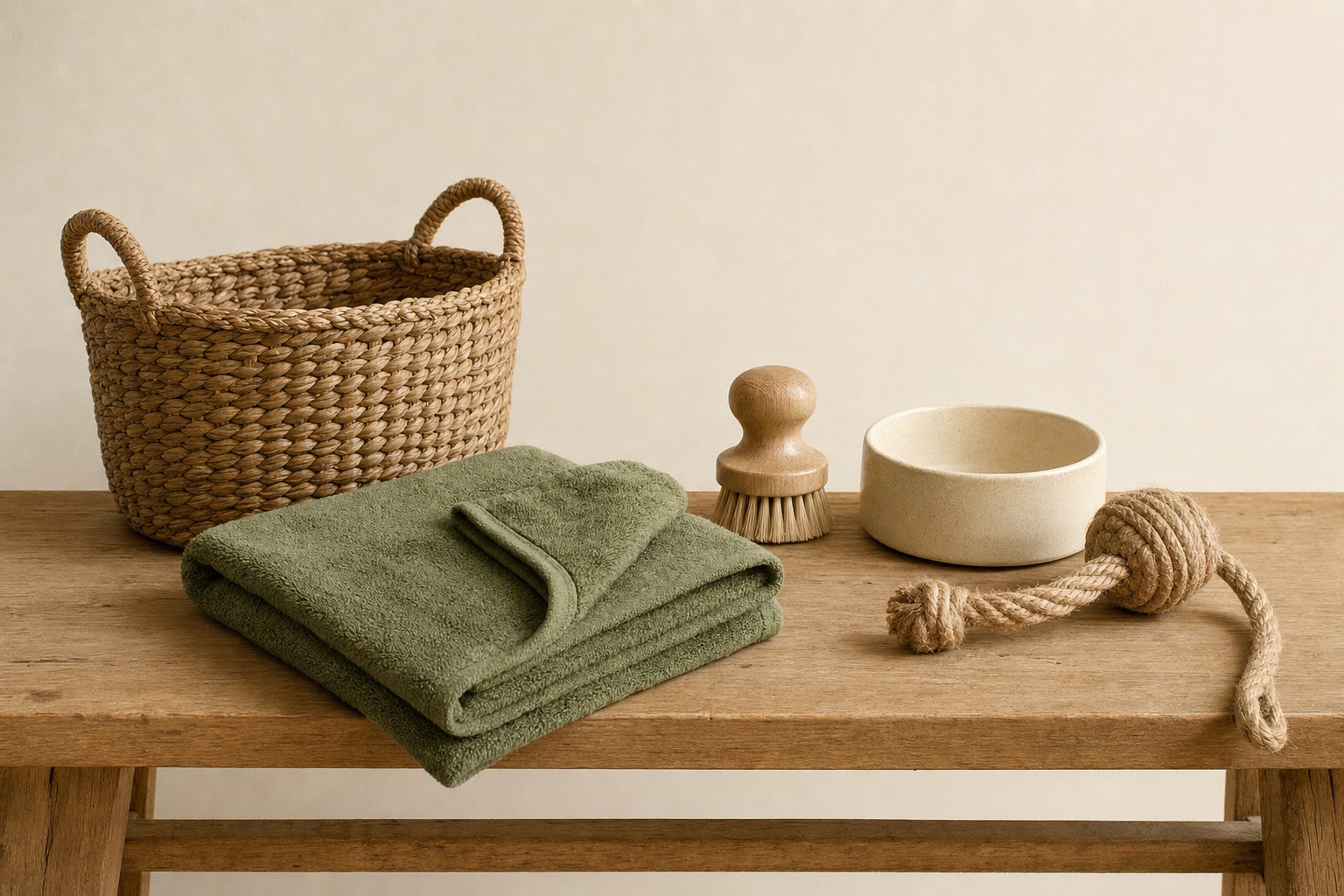 Folded pet towel and grooming accessories in a woven basket