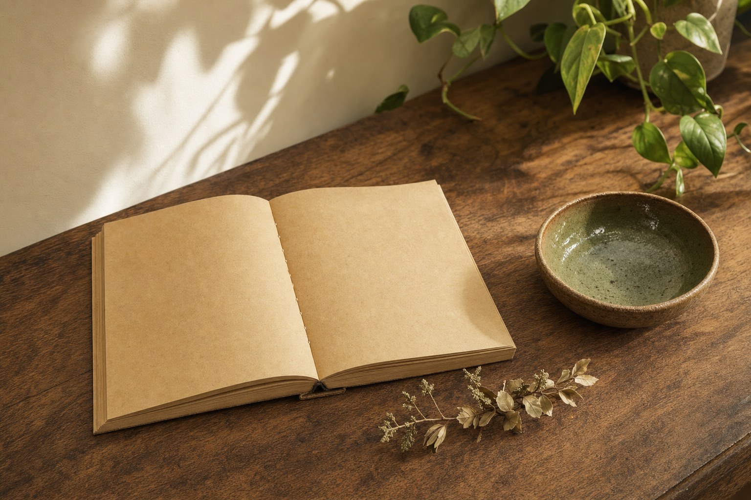 Open notebook, ceramic bowl, and botanical sprig on a warm wood table