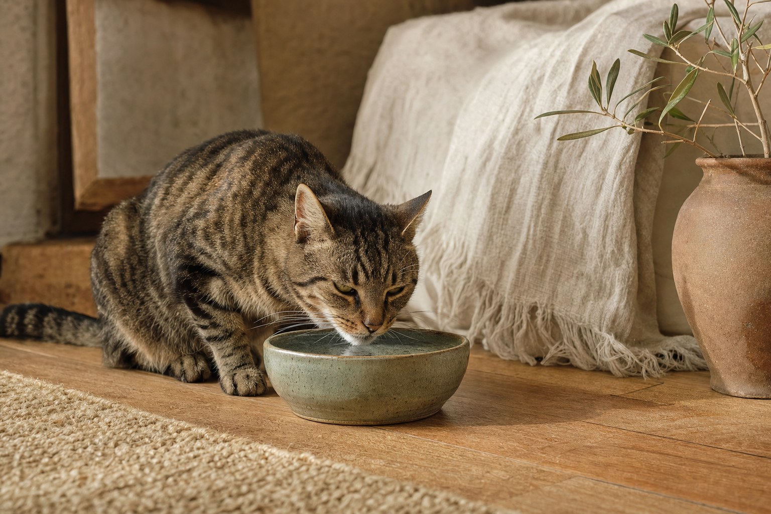 Tabby cat drinking from a ceramic bowl