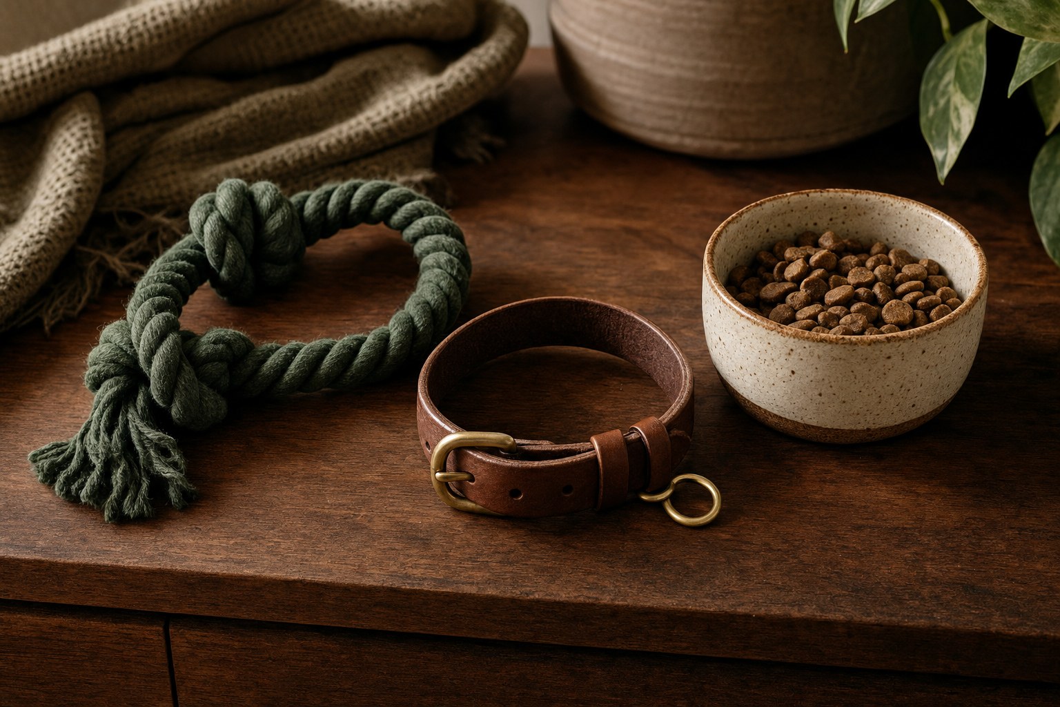 Dog collar, rope toy, ceramic bowl, and dry food