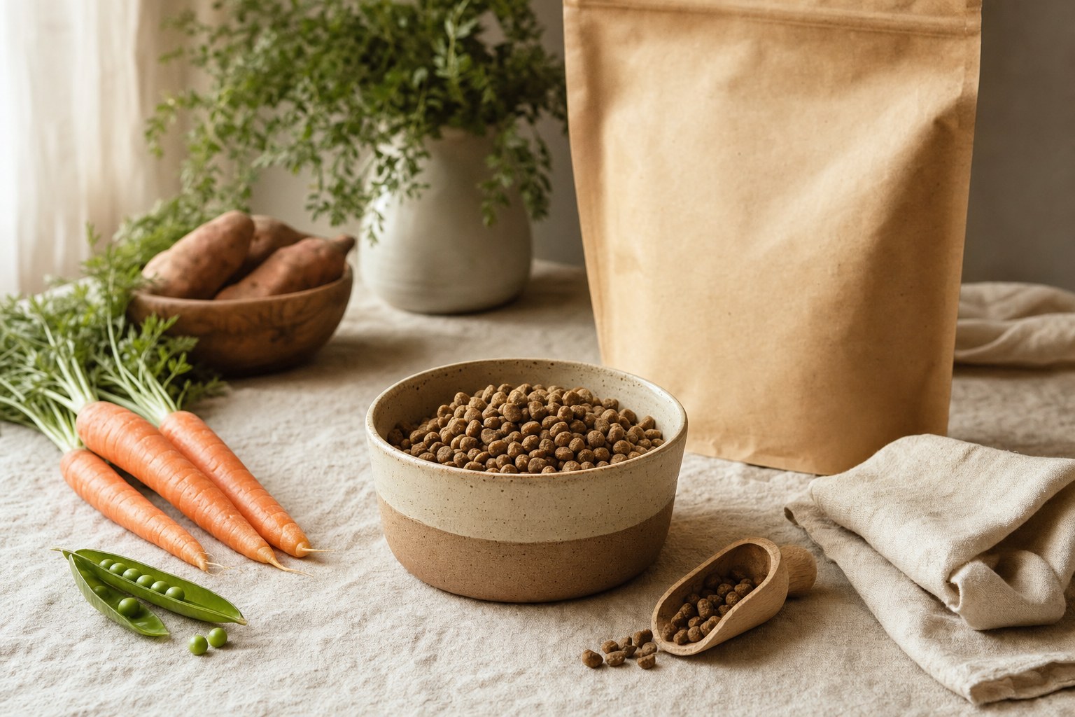 Ceramic bowl of pet food with scoop and ingredients