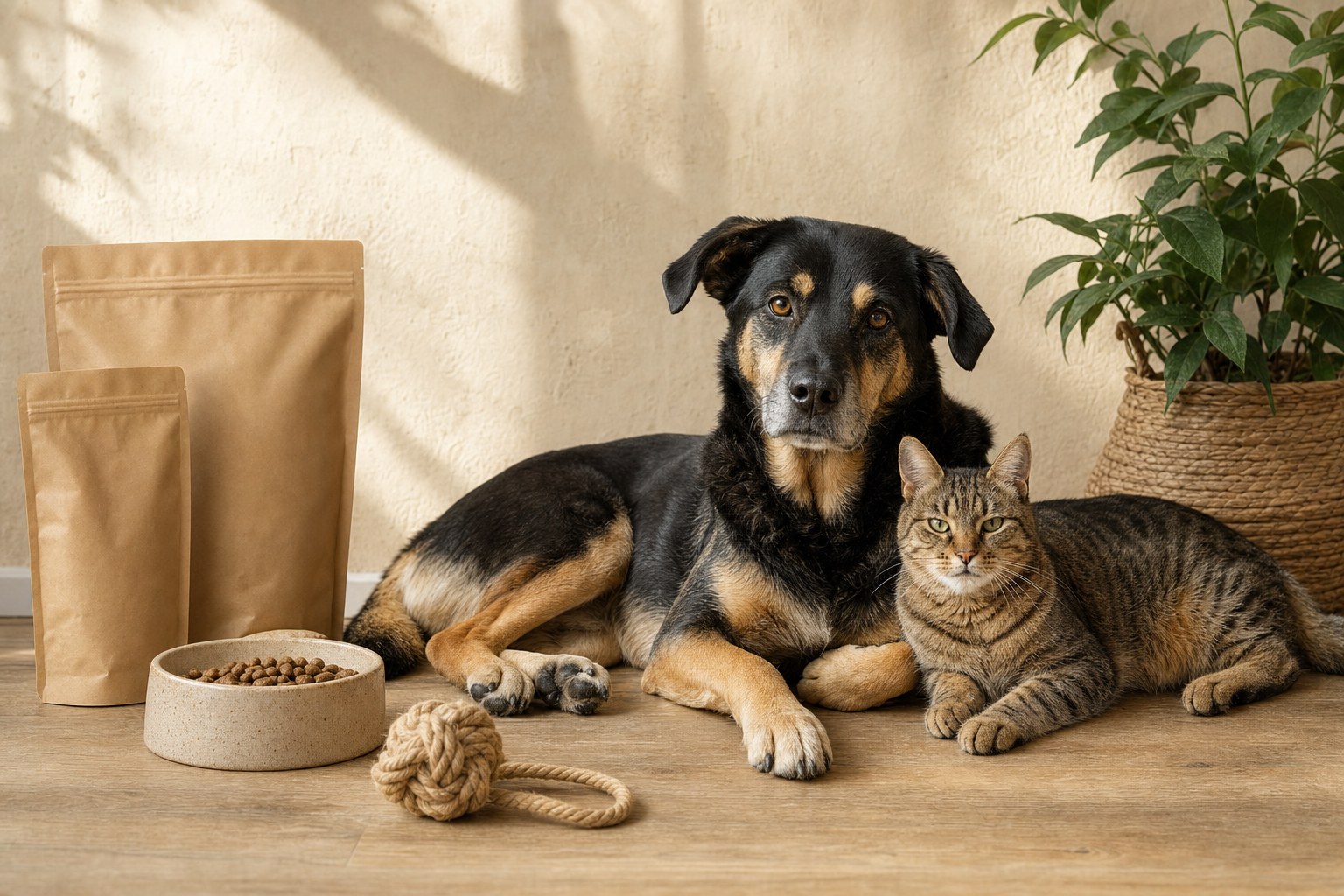 Dog and tabby cat resting beside unbranded pet food and everyday accessories