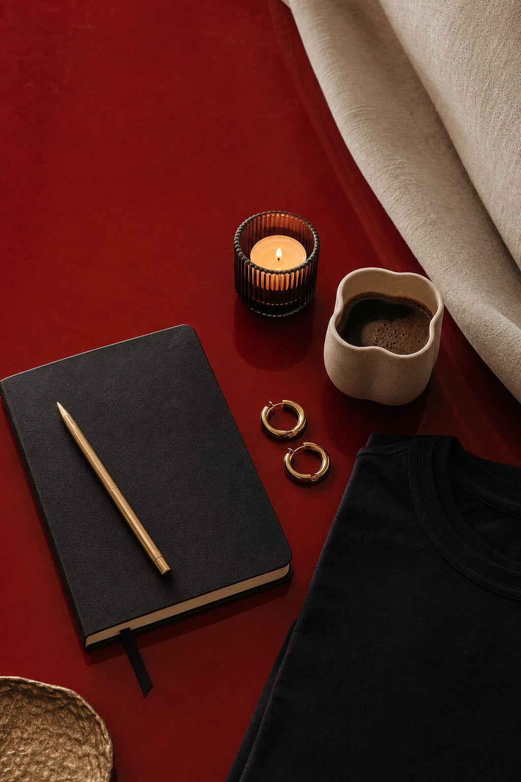Notebook, gold pen, earrings, candle, coffee, and black tee arranged on a cherry-red table