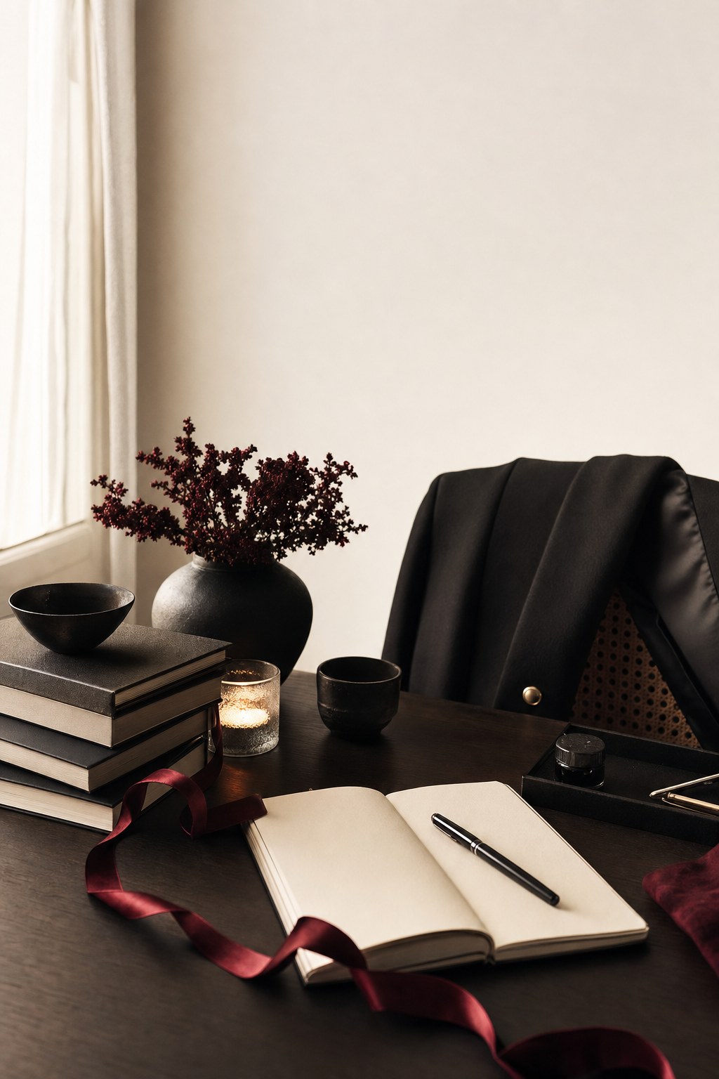 Open notebook, black blazer, candle, and burgundy ribbon arranged on a dark table