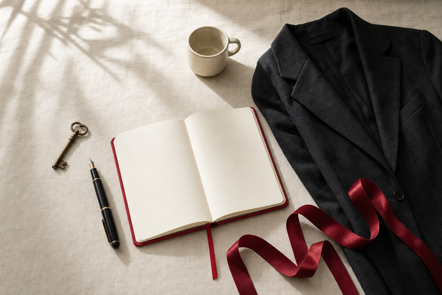 Open red notebook, black blazer, brass key, fountain pen, and red ribbon on linen