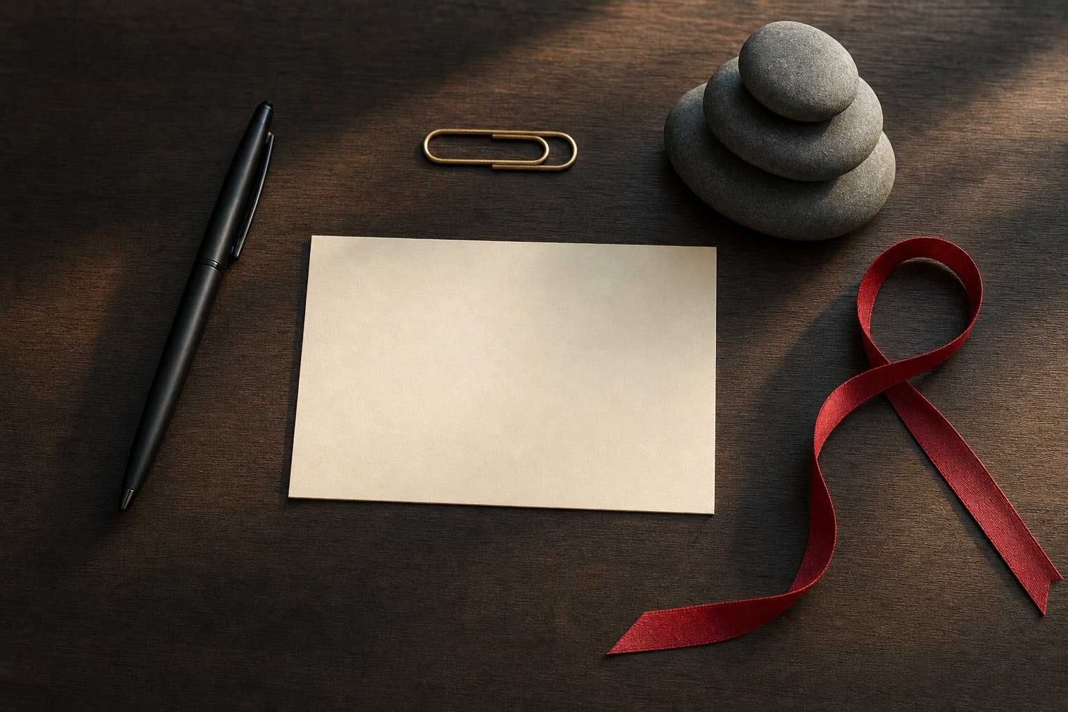 Blank notecard, black pen, brass clip, stacked stones, and red ribbon on a dark wood desk