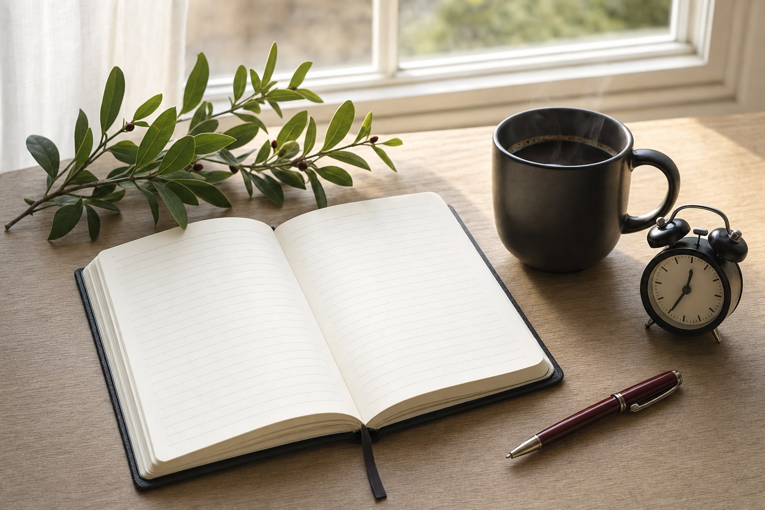 Open lined notebook, coffee, analog clock, pen, and green branch on a sunlit table