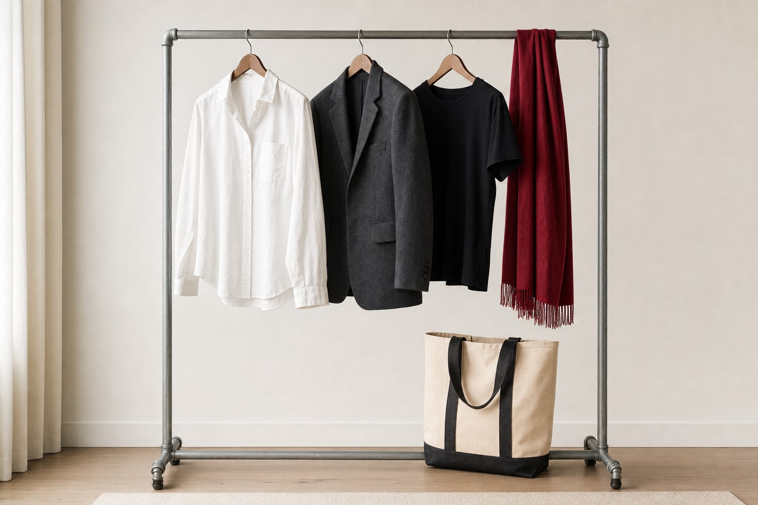 White shirt, charcoal blazer, black tee, red scarf, and canvas tote arranged on a clothing rail