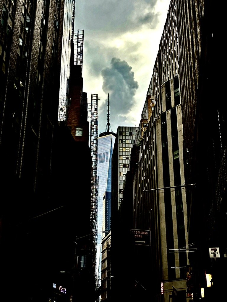 Skyscraper framed by city buildings