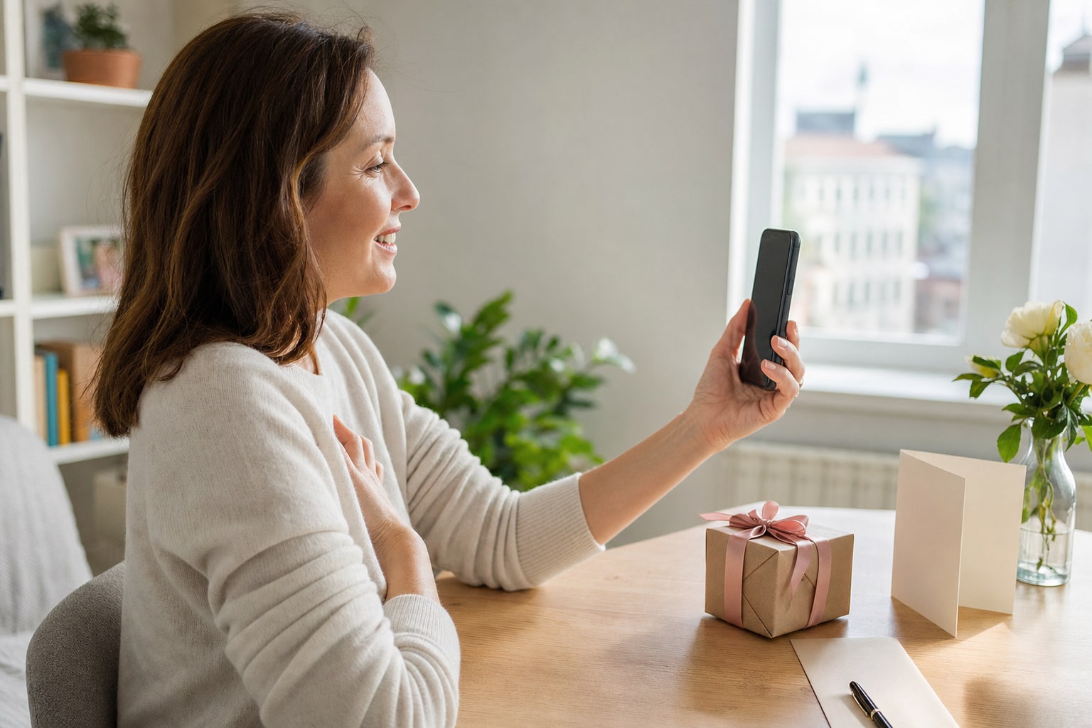 A woman recording a warm birthday video message beside a wrapped gift and blank card
