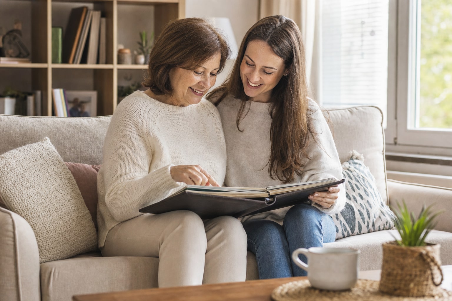 A mother and adult daughter looking through a family photo album together