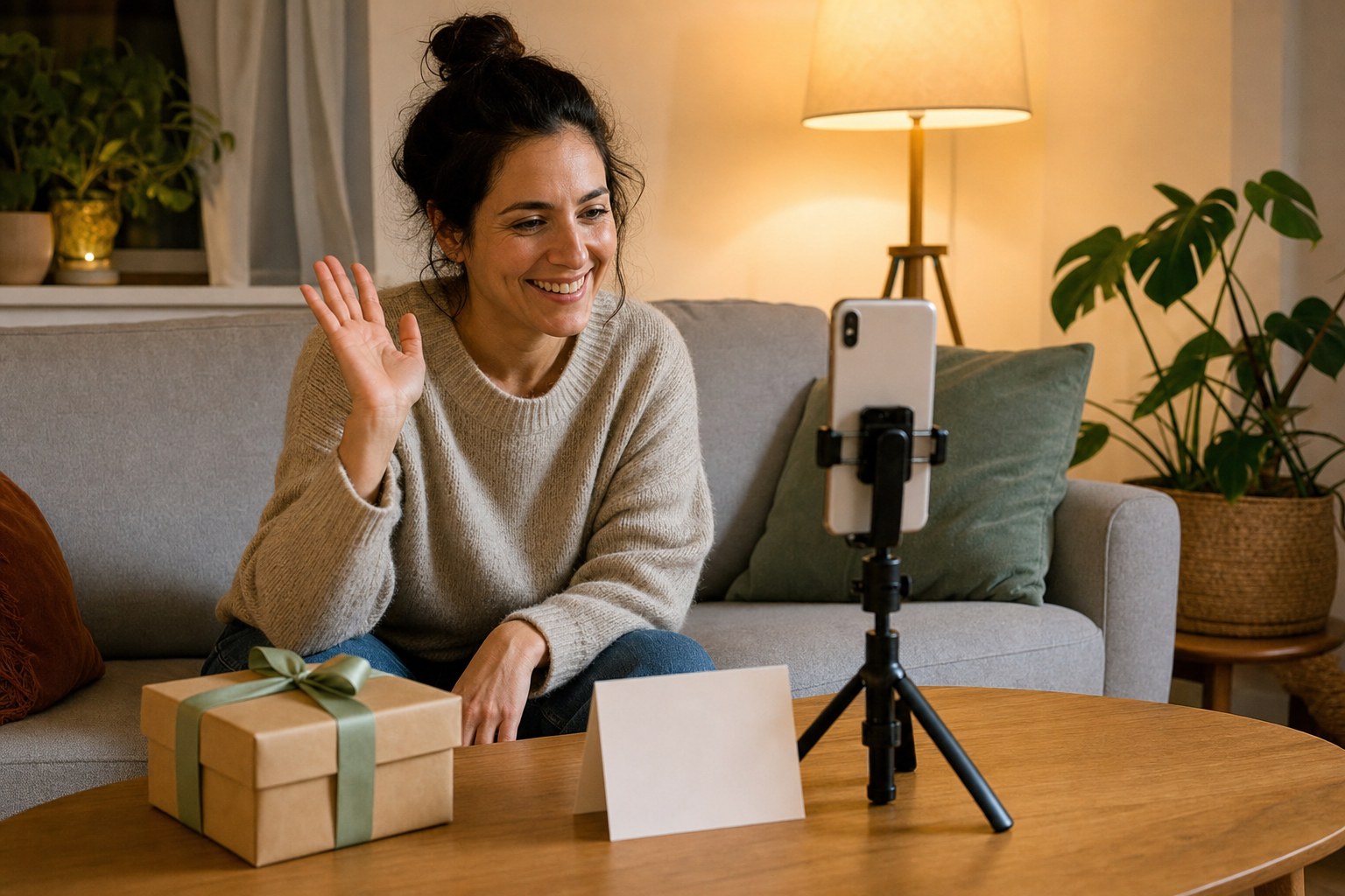 Woman recording a warm birthday video message beside a wrapped gift and blank card