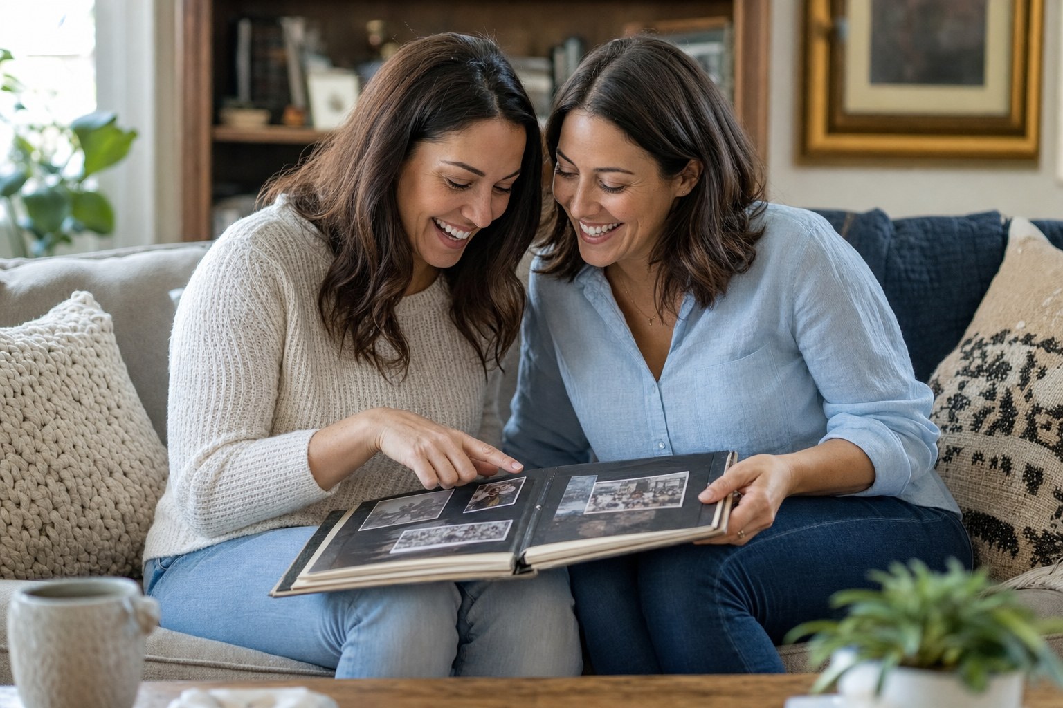 Two adult sisters laughing together while looking through a family photo album