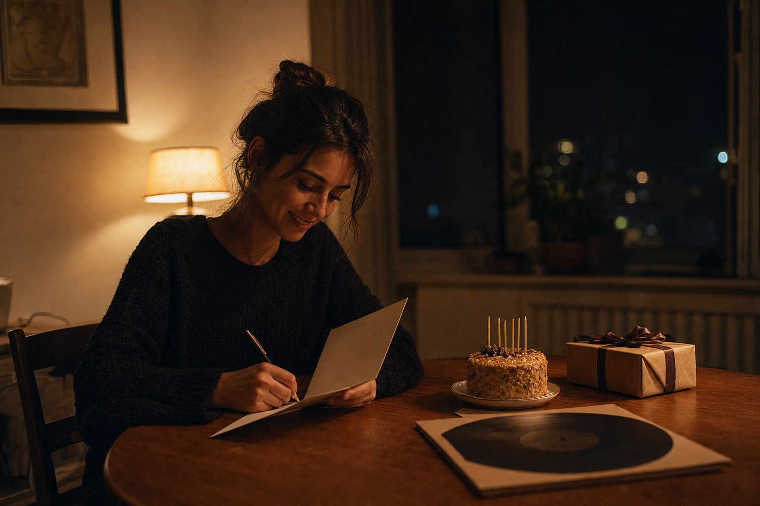 Woman writing a birthday card at a warmly lit table