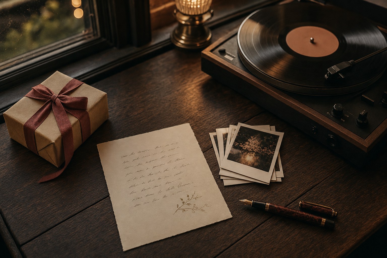Birthday note, wrapped gift, photographs, and a record player on a wooden table