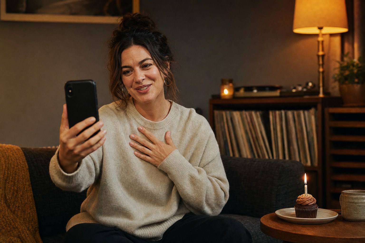 Woman recording a warm birthday video message at home