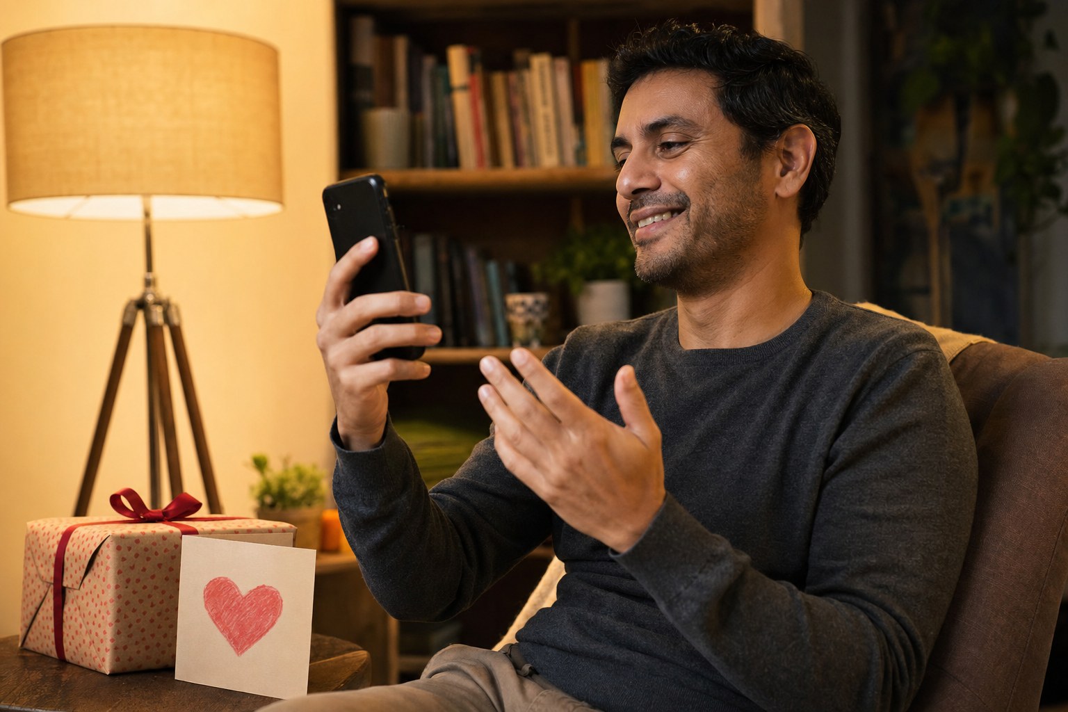 Person recording a warm birthday video message at home beside a wrapped gift and card