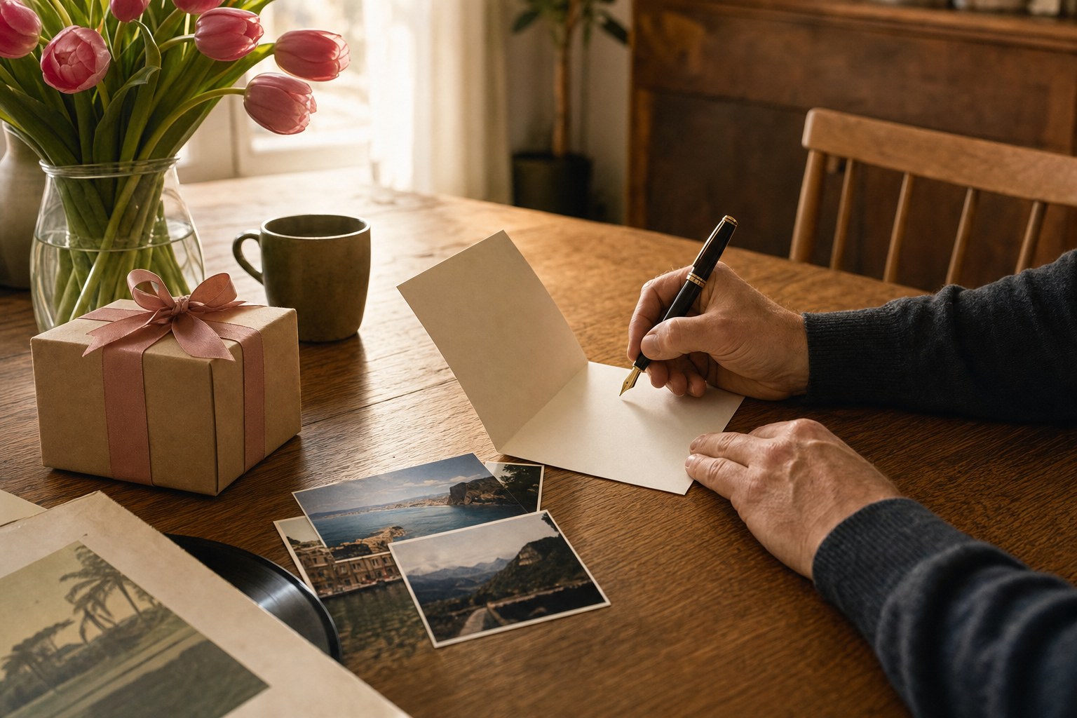 Person writing a birthday card beside flowers, a gift, and family photographs