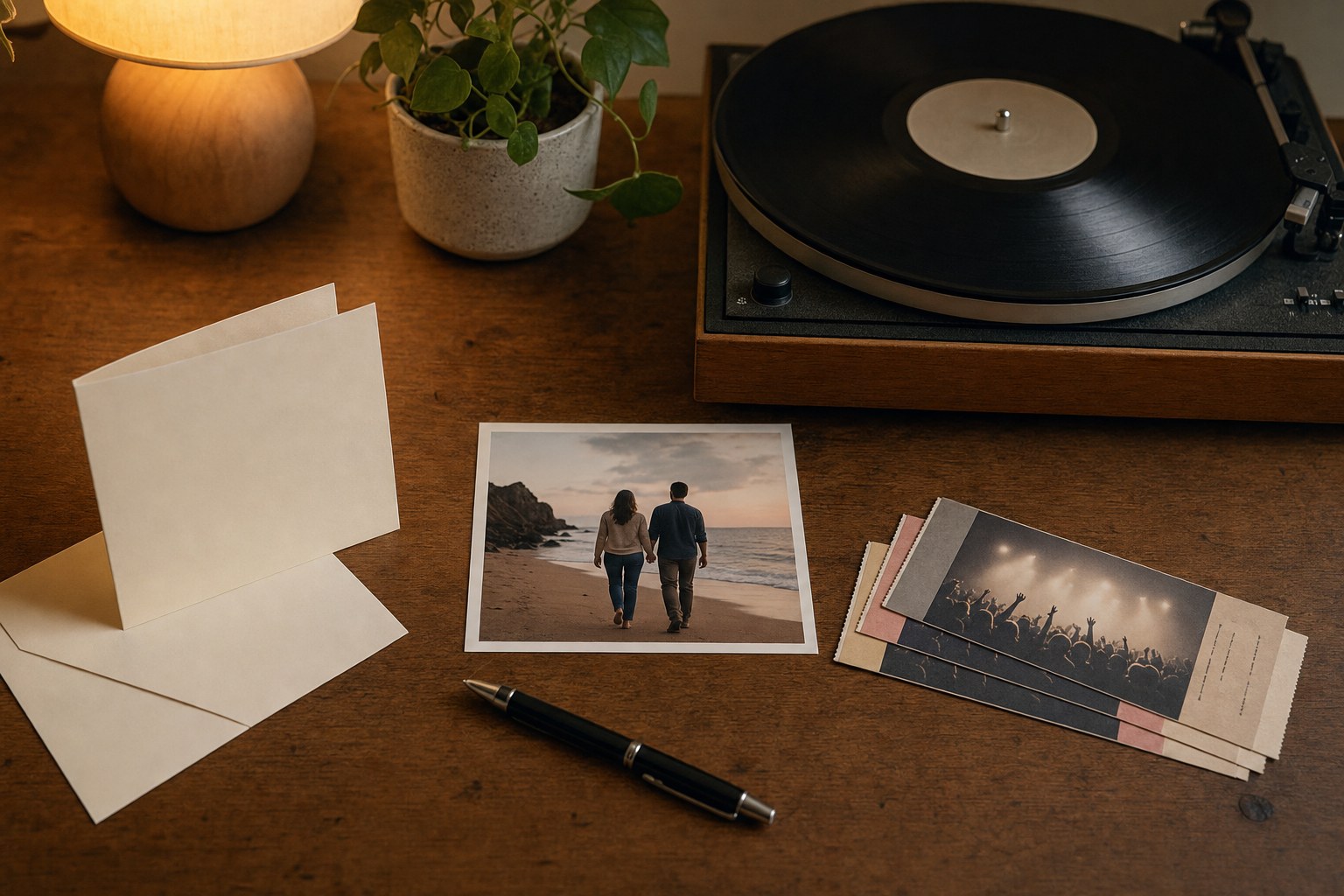 Blank birthday cards, a pen, a record player, concert tickets, and a photo of a couple walking on a beach