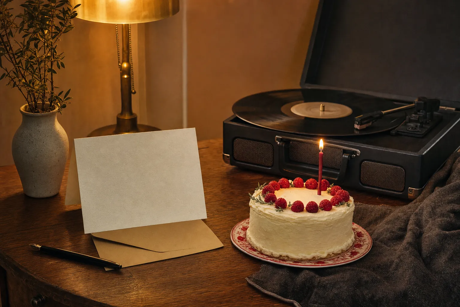 Birthday card, cake, and record player on a warmly lit table