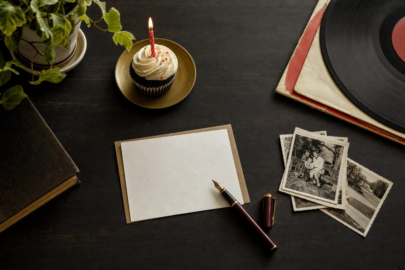 Blank card, pen, old photographs, birthday cupcake, and record on a dark table