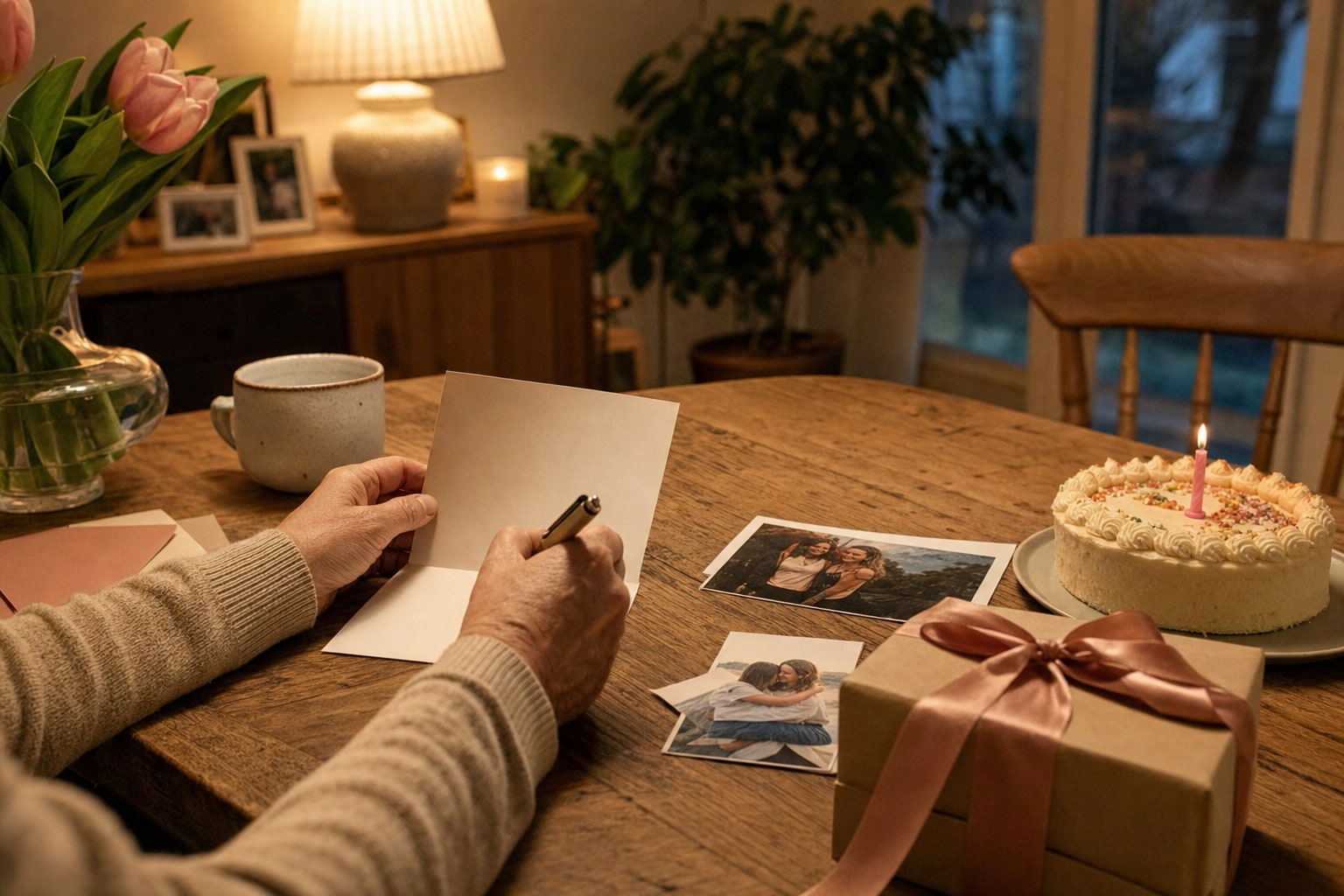 Hands writing a birthday card beside cake, photographs, and a wrapped gift
