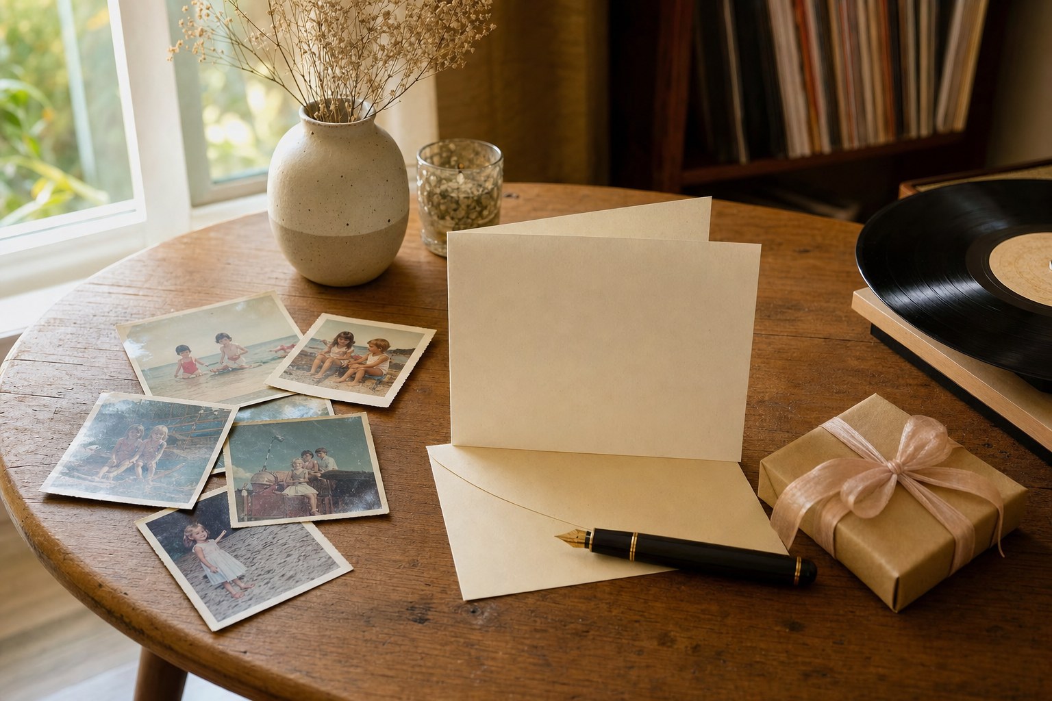 Blank birthday card, family snapshots, a wrapped gift, and a record on a wooden table
