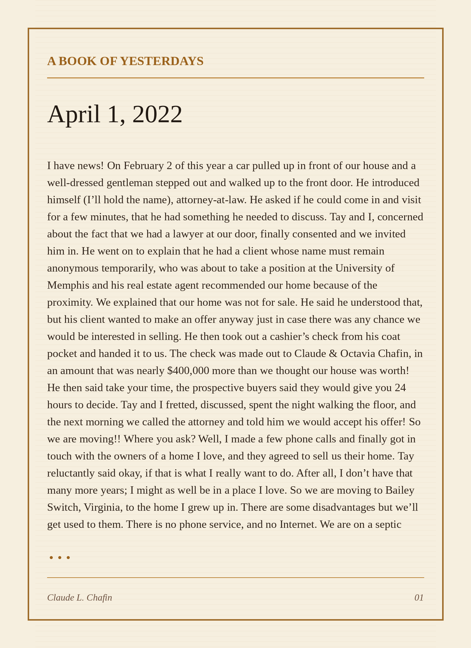 A Book of Yesterdays sample entry for April 1, 2022