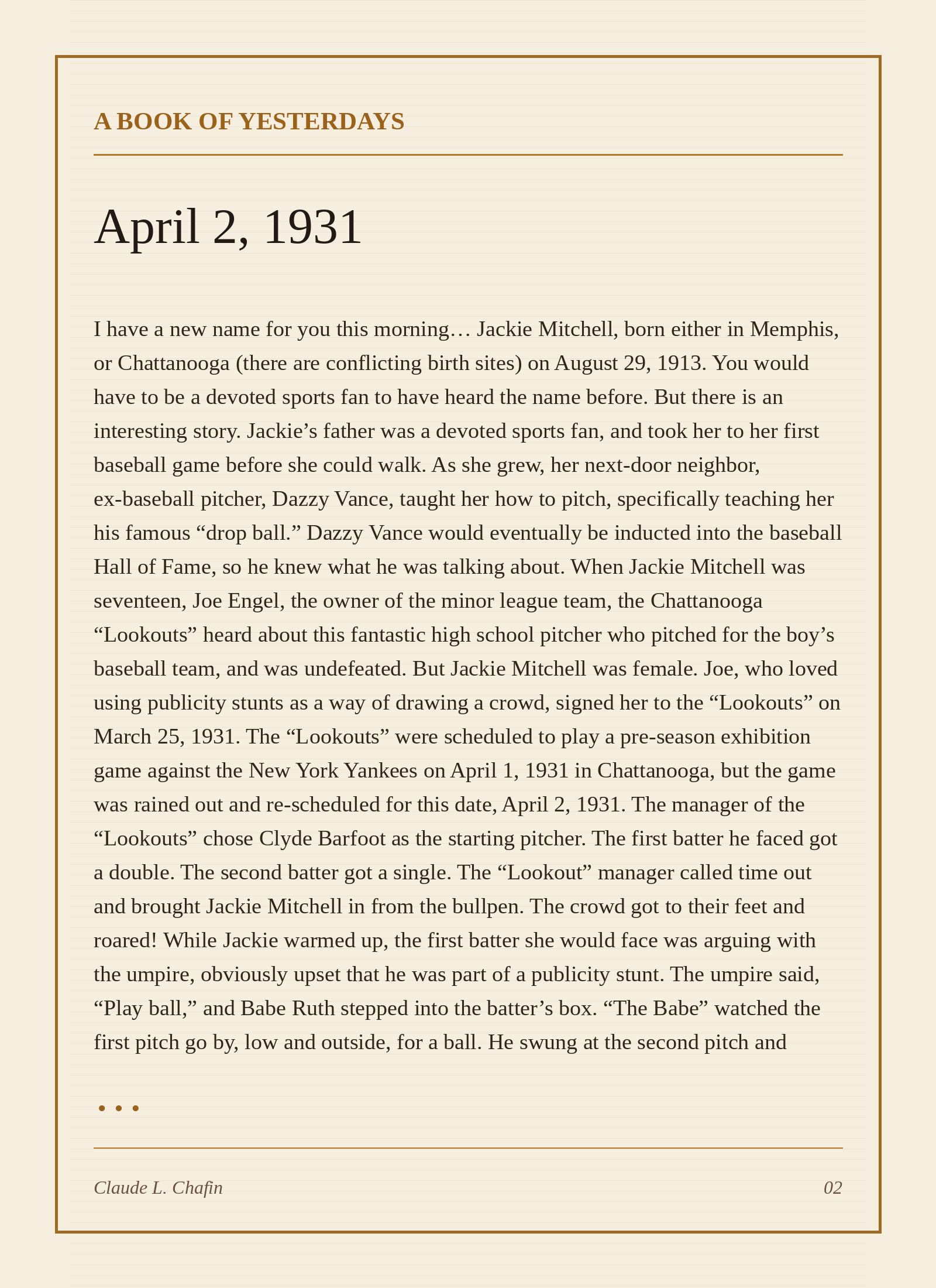 A Book of Yesterdays sample entry for April 2, 1931