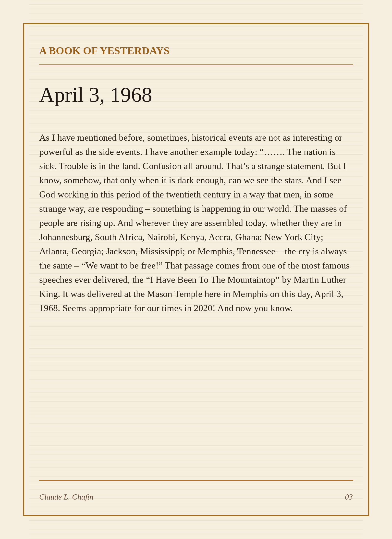 A Book of Yesterdays sample entry for April 3, 1968