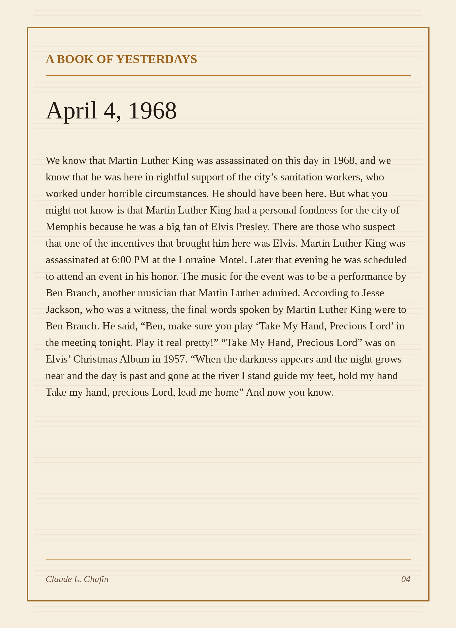 A Book of Yesterdays sample entry for April 4, 1968