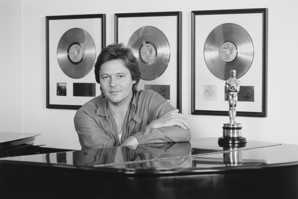 Jimmy Griffin seated at his piano with gold records and his Academy Award