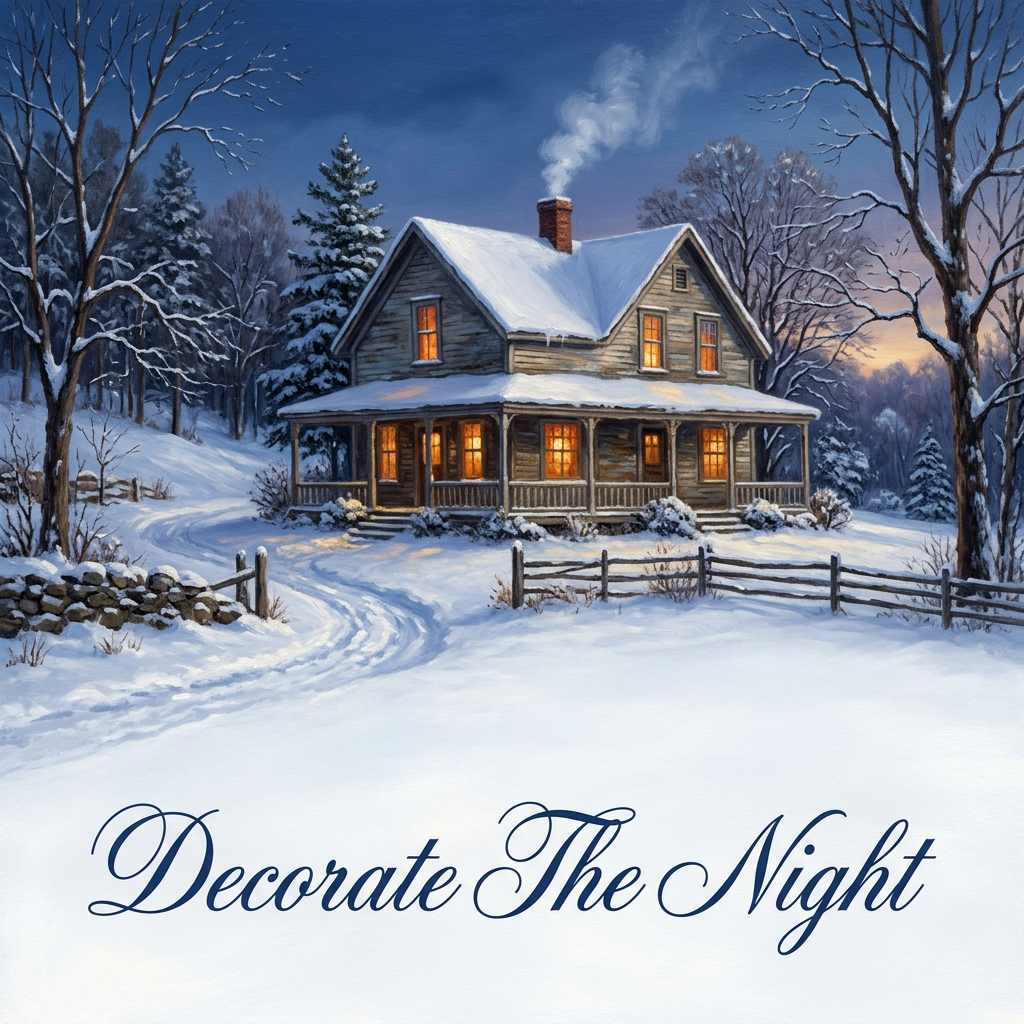Decorate The Night, snowy farmhouse with glowing windows and the song title in cursive