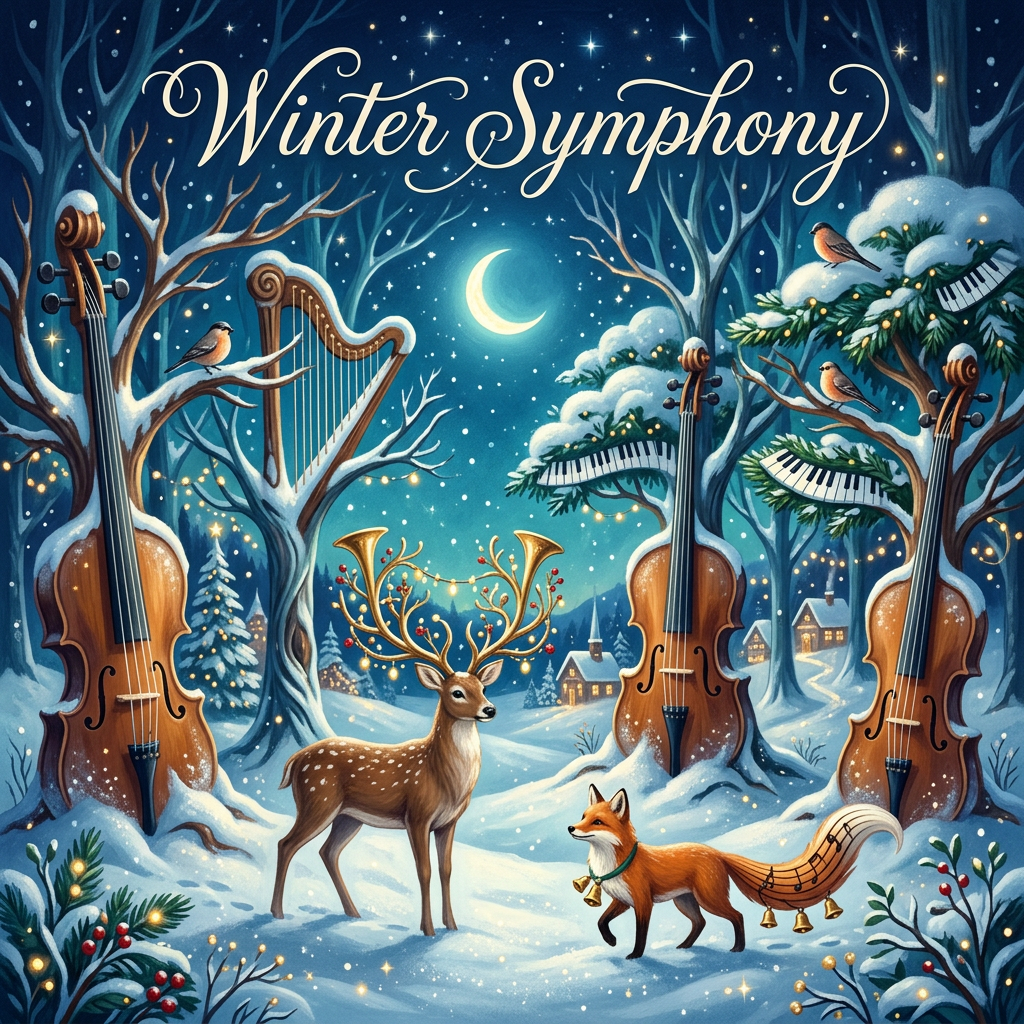 Winter Symphony, woodland animals and musical instruments in a snowy forest