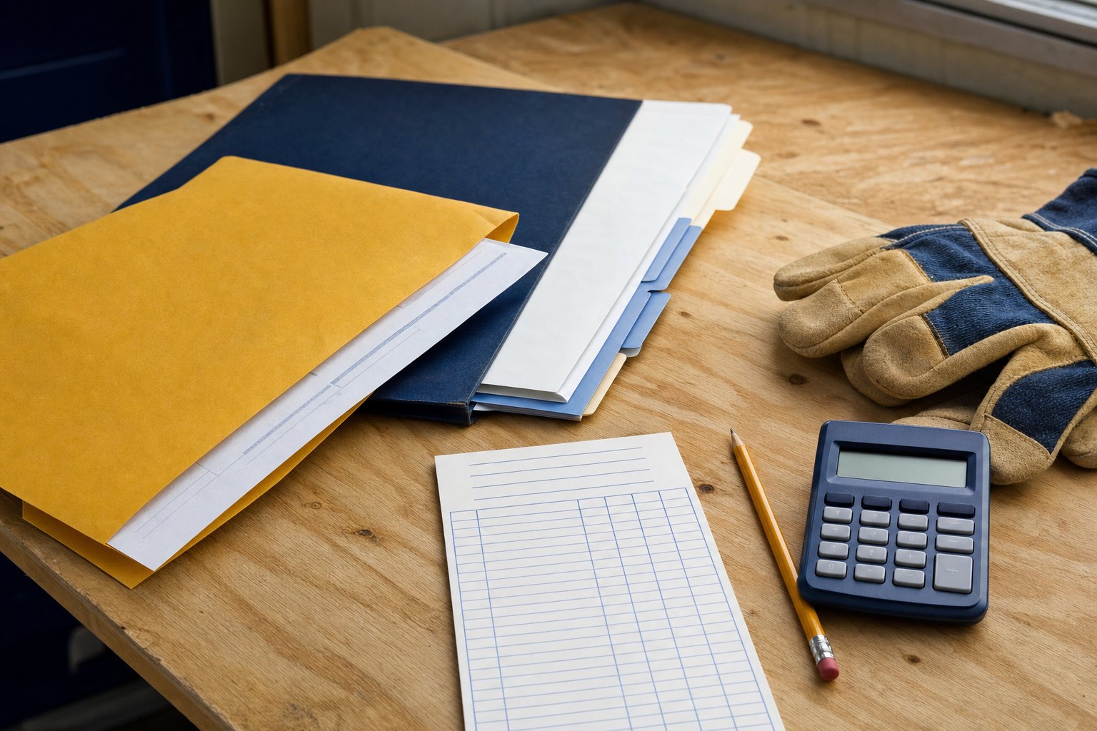 Job folders, envelopes, work gloves, calculator, and a blank cost-tracking sheet on a contractor worktable