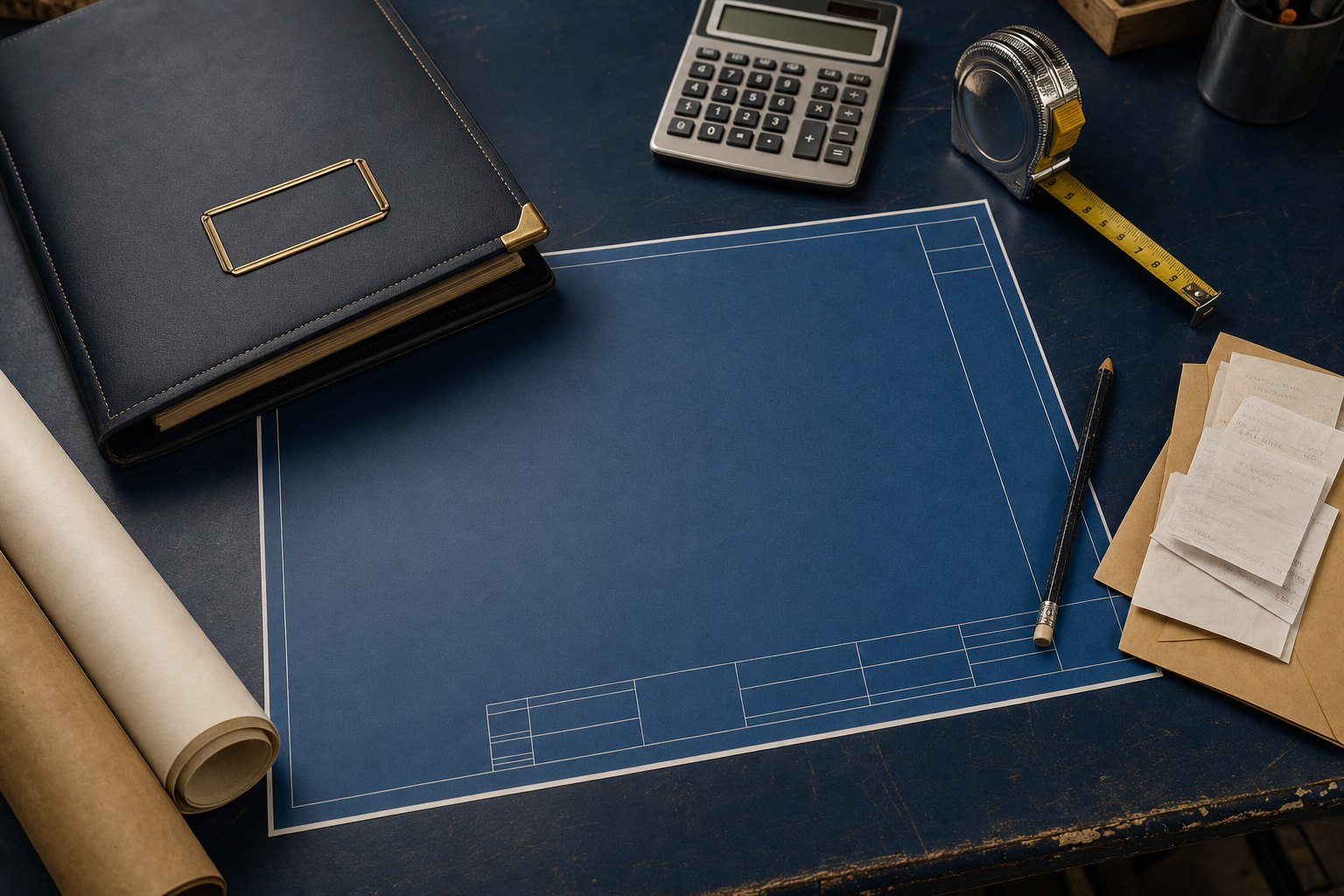 Construction blueprint with contractor records, calculator, tape measure, and receipts