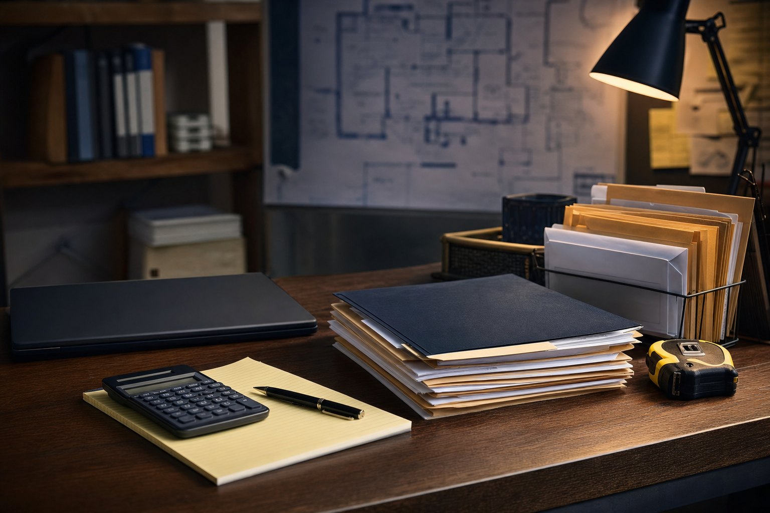 Organized contractor office desk with paper files, calculator, closed laptop, tape measure, and a blueprint in the background