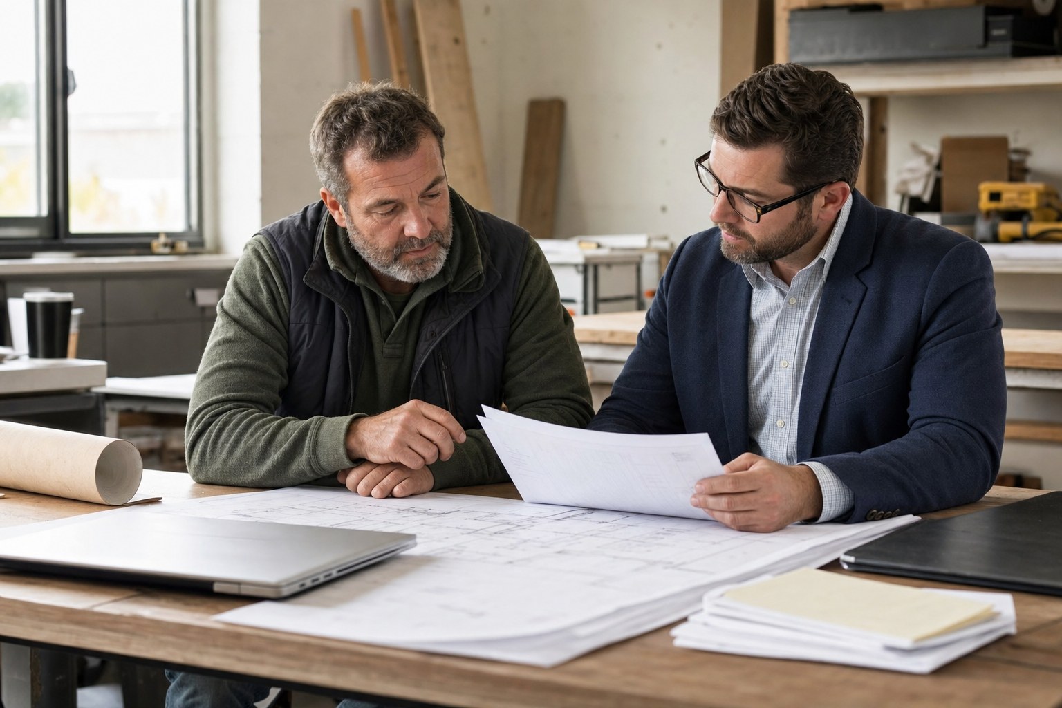 Construction business owner and financial advisor reviewing job-cost paperwork and project plans
