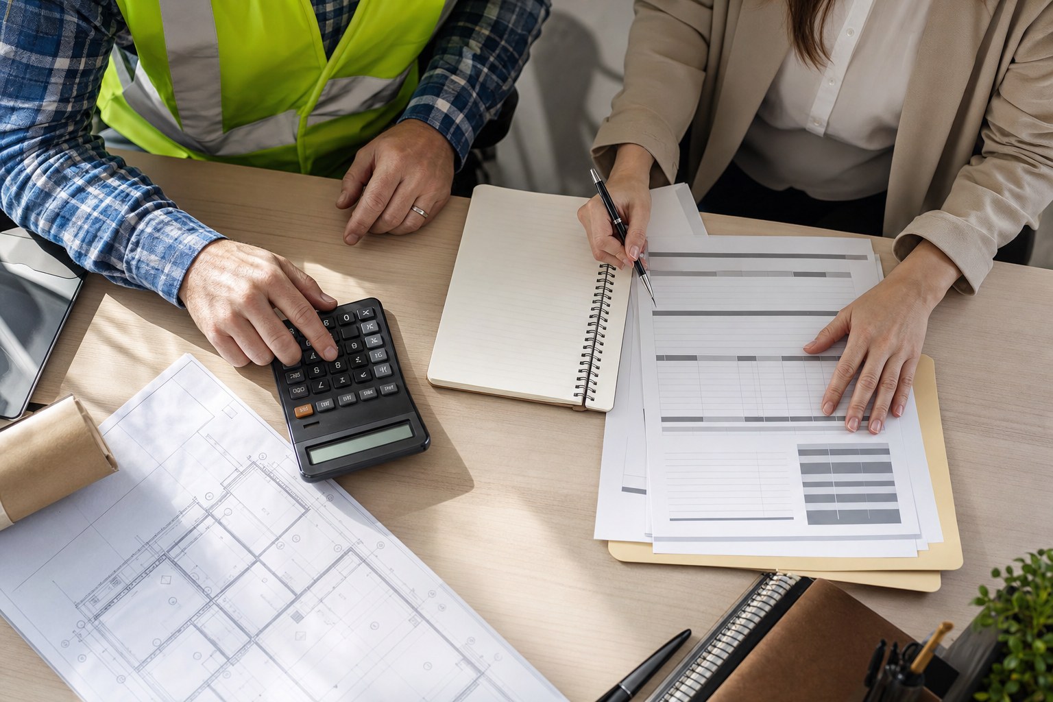 Contractor and financial advisor reviewing project paperwork, construction plans, and a calculator