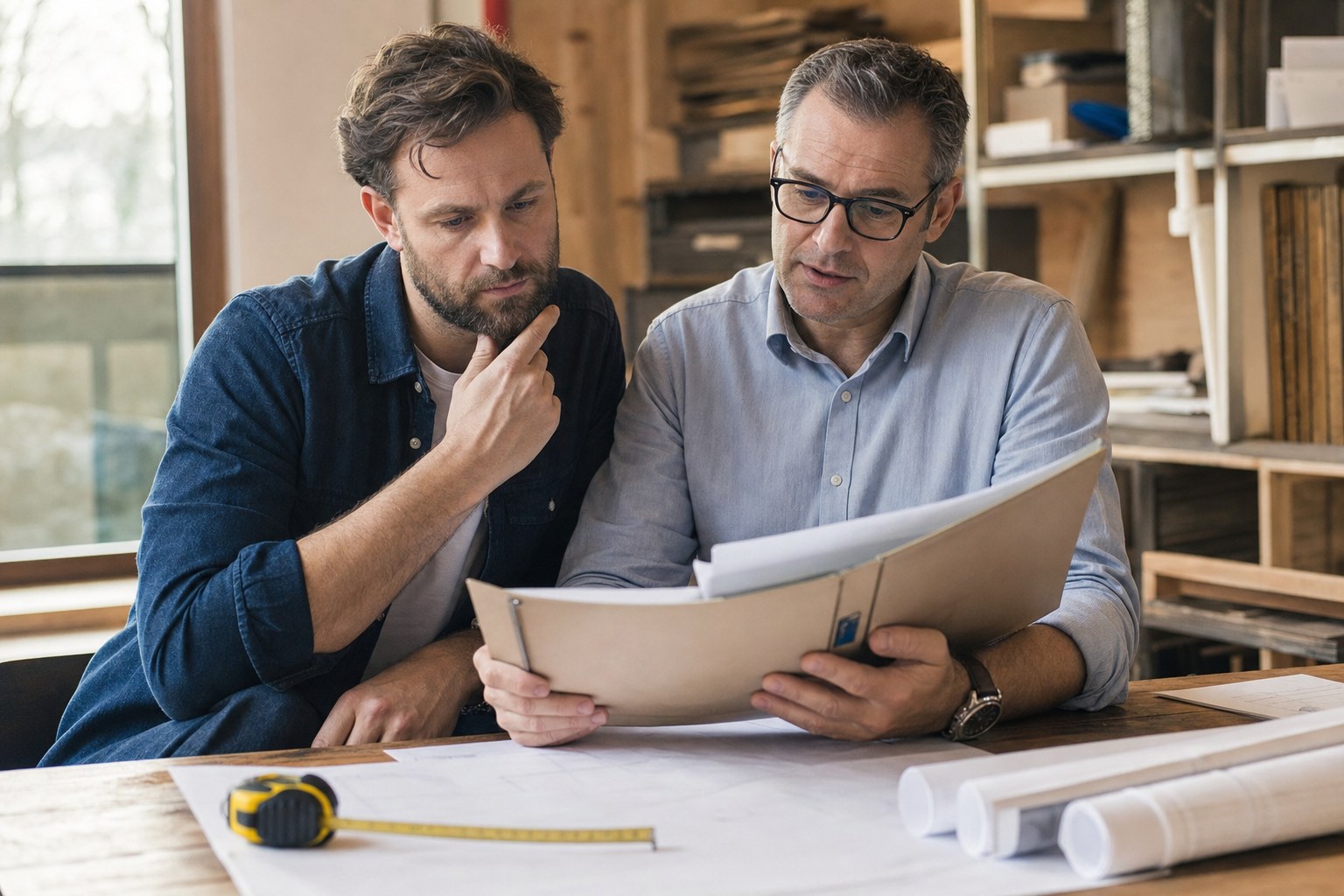 Construction business owner and advisor reviewing a project folder and construction plans