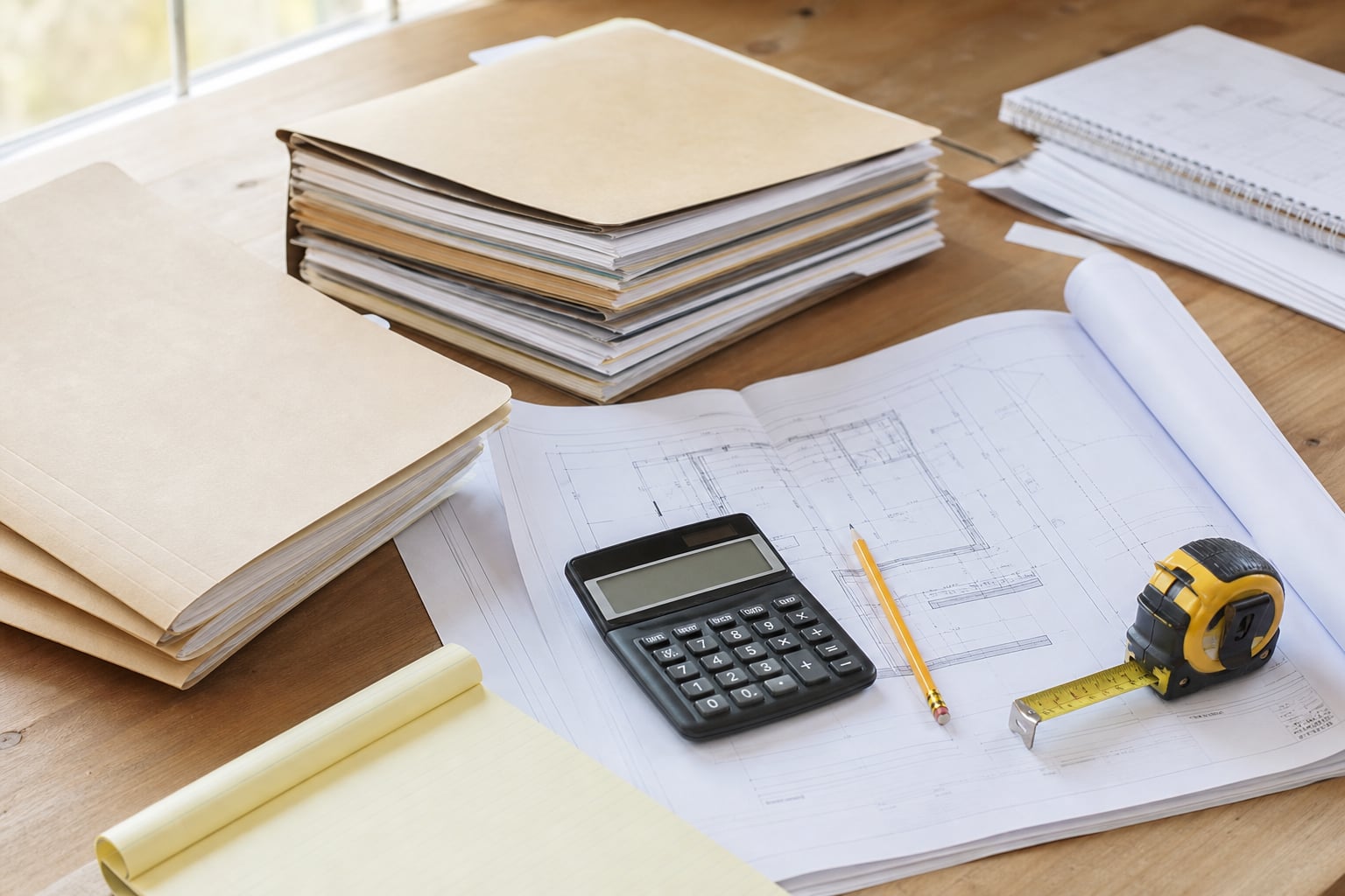 Completed contractor job file with cost reports, calculator, and marked estimate ready for review