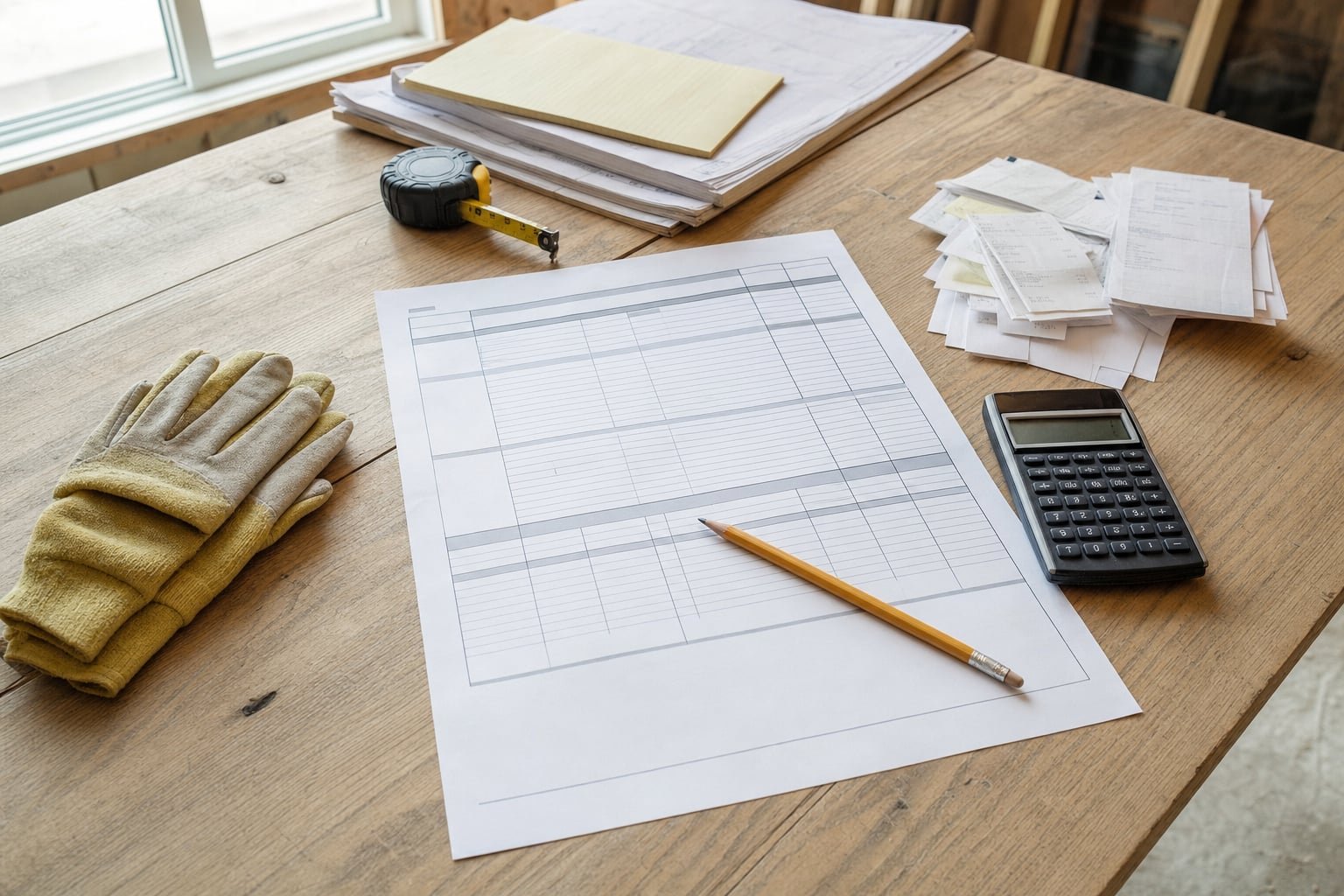 Construction estimate, calculator, tape measure, work gloves, and organized receipts on a worktable