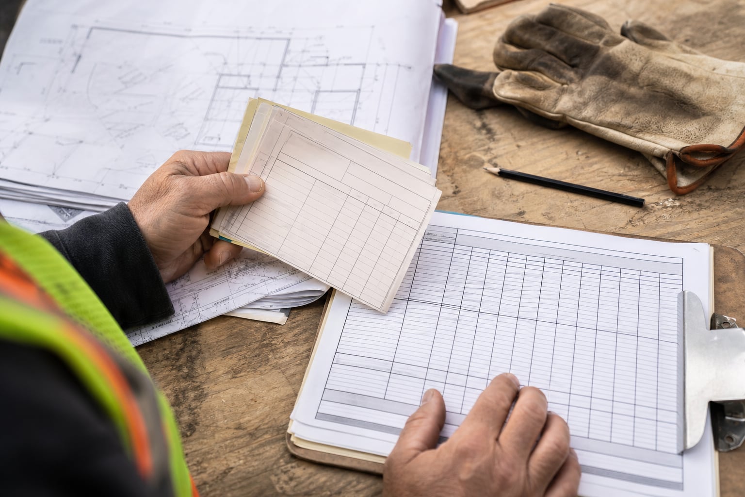 Contractor reviewing labor hours and job cost categories beside a construction plan