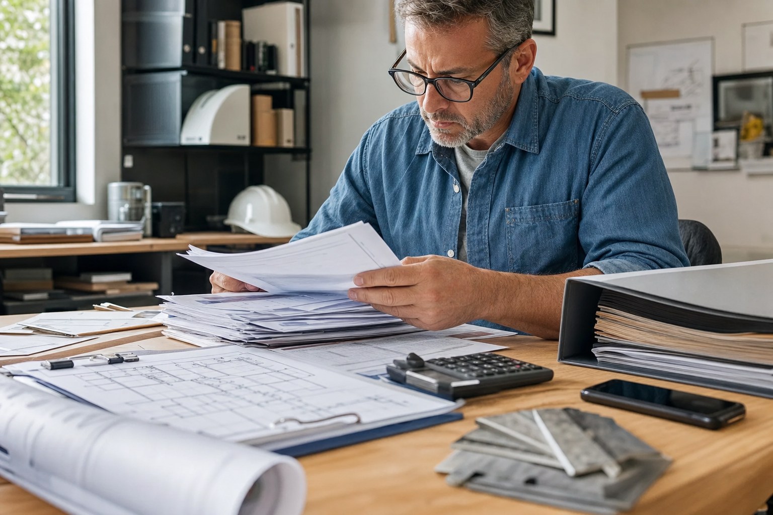 Contractor reviewing invoices and receivables paperwork beside construction plans and a calculator