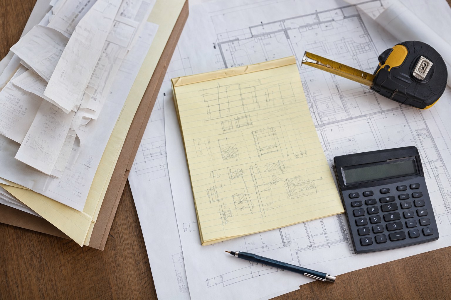 Contractor job-cost workspace with invoices, receipts, a calculator, tape measure, and construction plans