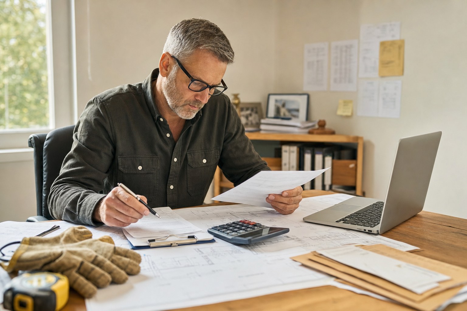 Construction business owner reviewing job profitability reports with blueprints, invoices, and a calculator