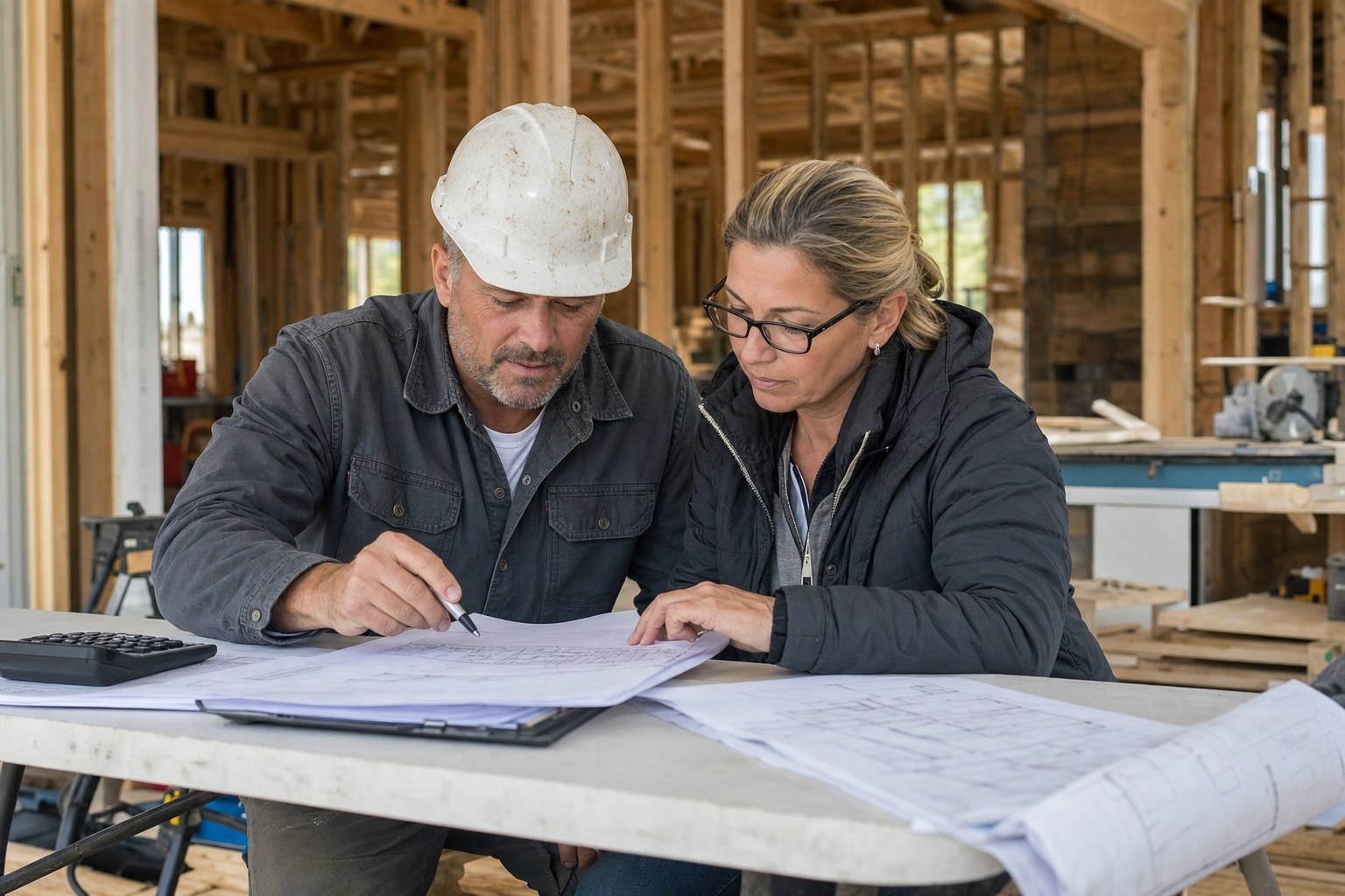 Contractor and bookkeeper reviewing construction billing records and project plans
