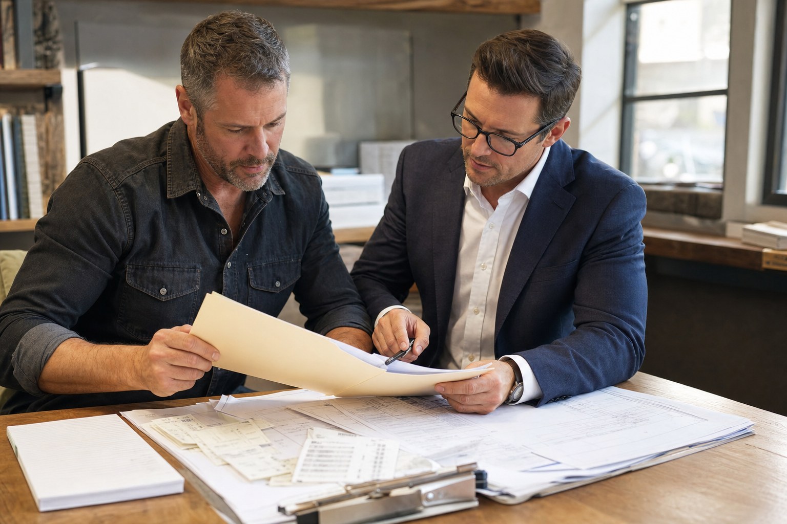 Construction business owner and advisor reviewing a project folder and construction plans