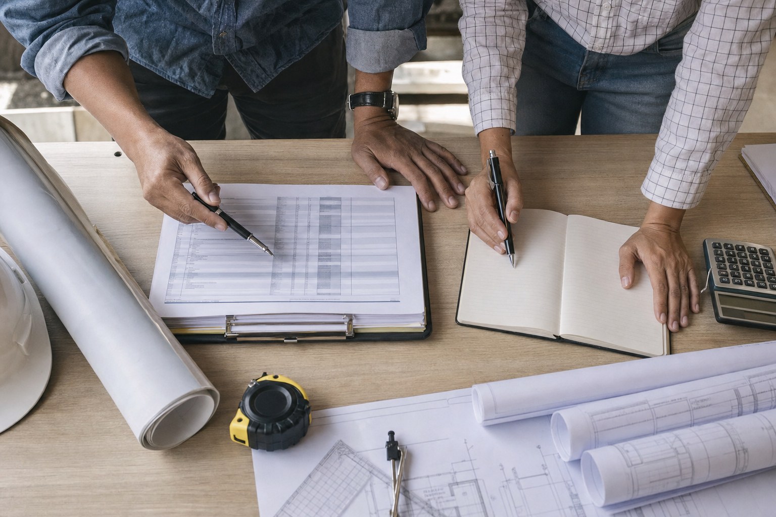 Contractor and bookkeeper reviewing a schedule-of-values worksheet, construction plans, and calculator