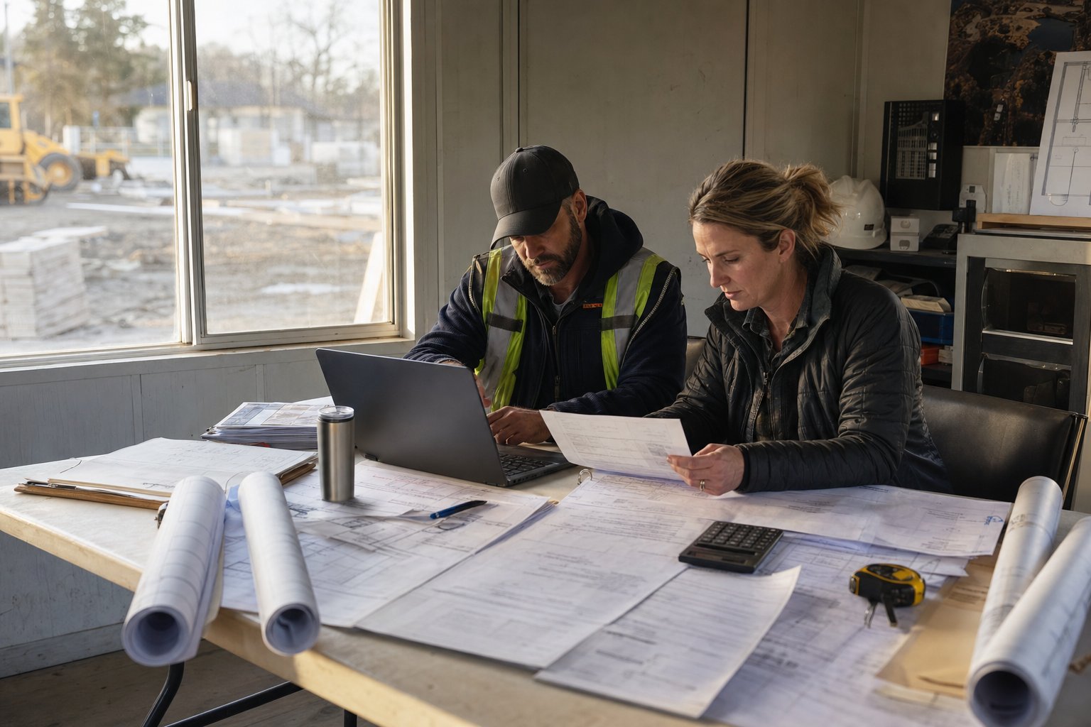 Construction business owner and bookkeeper reviewing job-cost records and invoices at a jobsite worktable